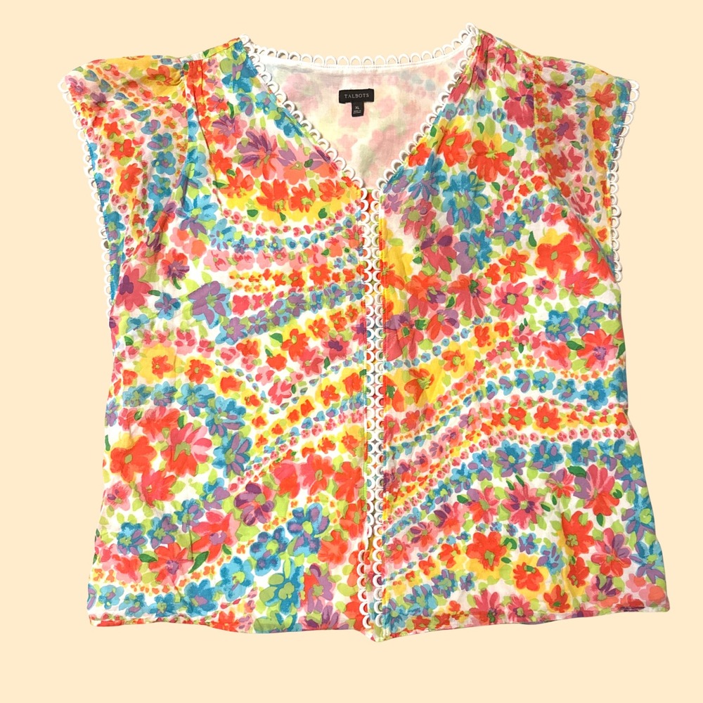 Talbots Womens M Floral Cotton Blouse V-Neck Eyelet Trim Flutter Sleeve Multi